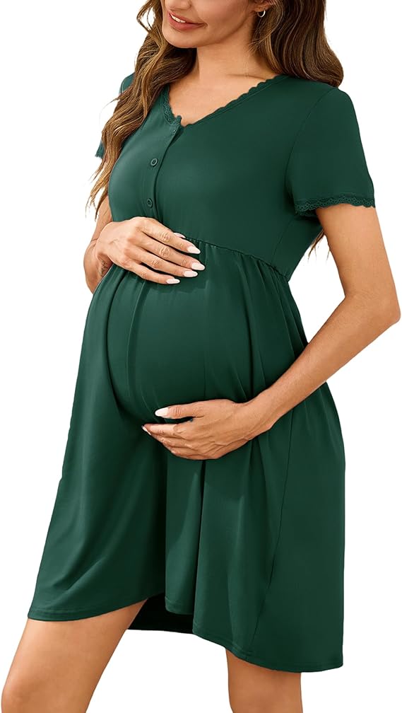 Demegimi Chemise de Nuit de Maternité Allaitement Coton Nuisette à Manches Courtes Boutonnée Robe de Nuit Ouvert en Dentelle