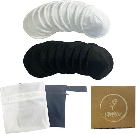Luméloa, Pack 20 Coussinets d'allaitement unis noirs blancs lavables en fibre de bambou triple épaisseur confortables réutilisables ultra absorbants + pochette de rangement transport étanche + filet de lavage