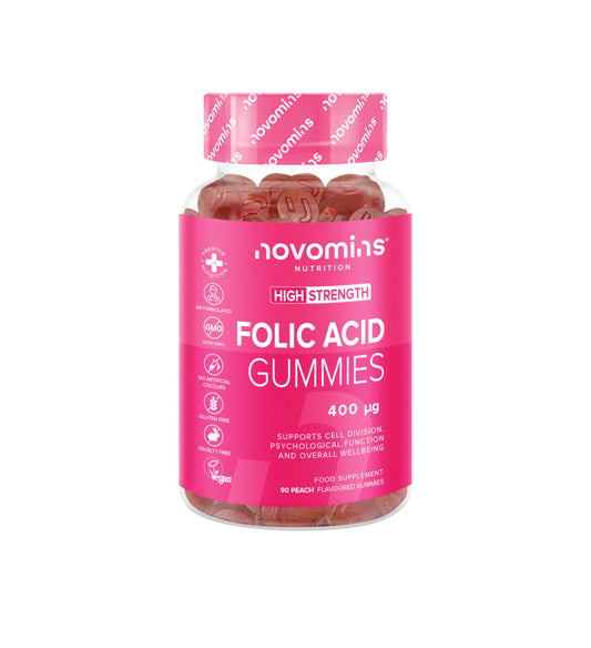 Novomins Gummies à l’Acide Folique – 400 mcg – Vitamine B9 pour 3 Mois de Novomins – Acide Folique Grossesse Végane et sans Gluten – Santé Prénatale & Croissance des Tissus Maternels Pendant la Grossesse