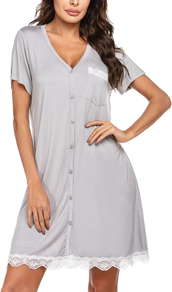 Ekouaer Chemise de Nuit Femme Manches Courtes Maternité Robe de Nuit Grossesse Bouton Sexy Vêtements de Nuit