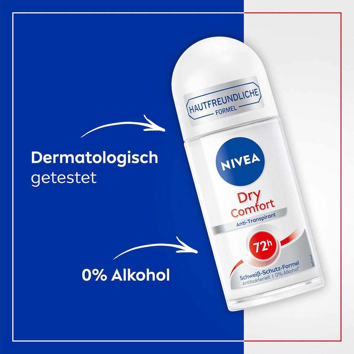 NIVEA Déodorant à bille Dry Comfort (50 ml), anti-transpirant fiable avec minéraux pour une sensation de peau sèche, avec protection 72h et formule Dual Active