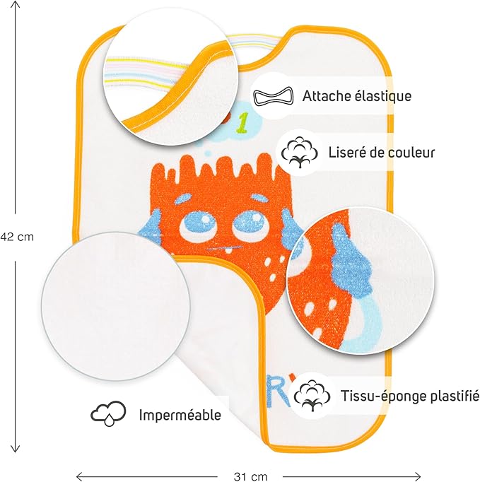 Ti TIN | Lot de 4 Bavoirs Imperméables Imprimés pour Bébés | Avec col en Caoutchouc Élastique | Avec Serviette en Éponge Doublée de Plastique