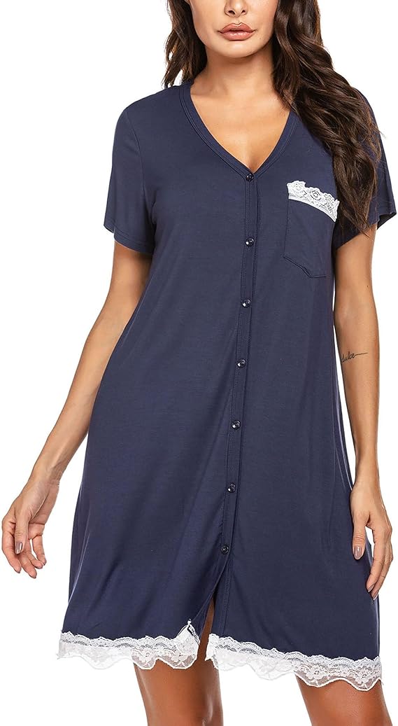 Ekouaer Chemise de Nuit Femme Manches Courtes Maternité Robe de Nuit Grossesse Bouton Sexy Vêtements de Nuit
