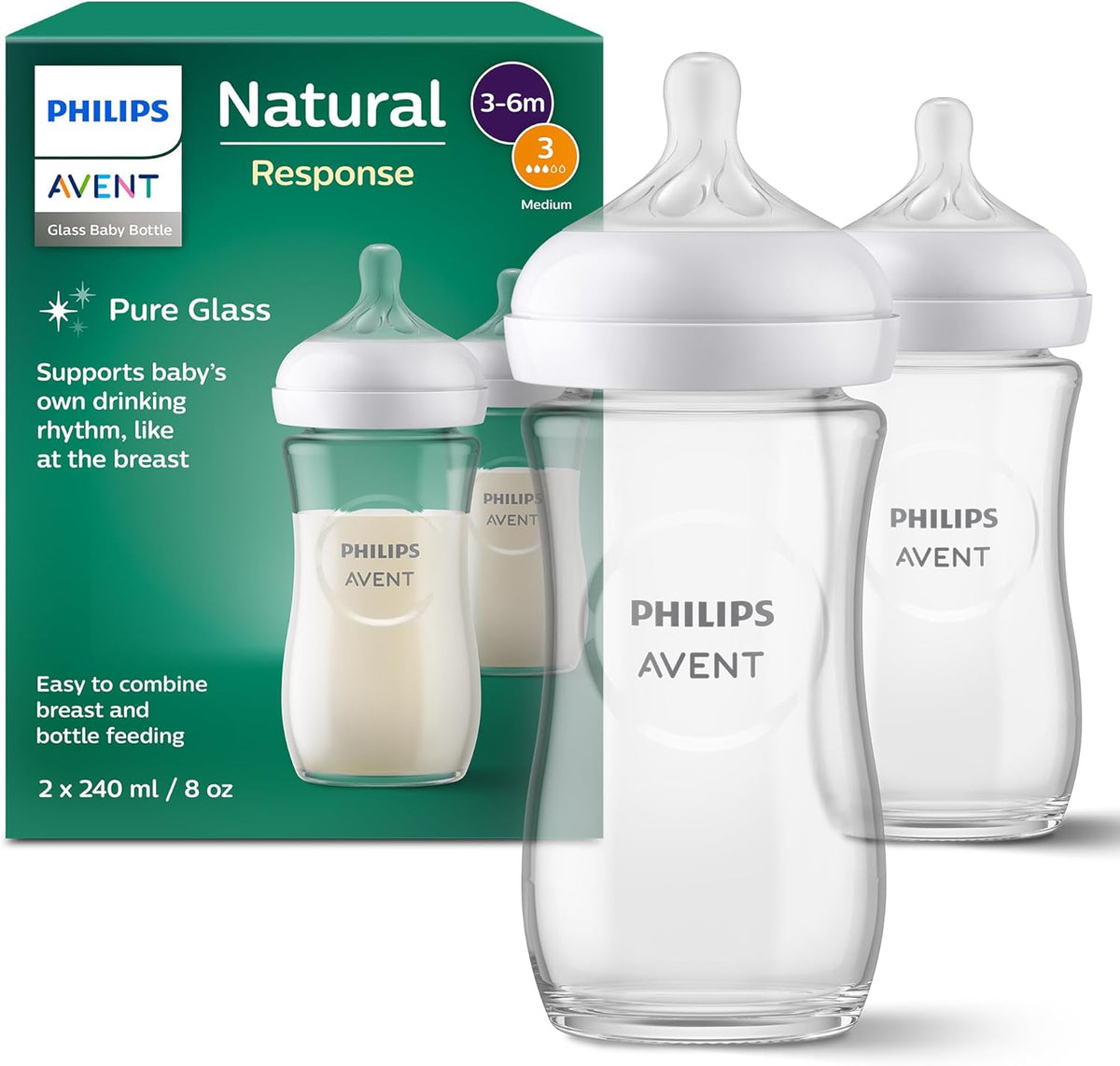 Philips Avent Lot de 2 biberons en verre à Réponse Naturelle – biberon de 240 ml, sans BPA pour les bébés de 1 mois et + (modèle SCY933/02)