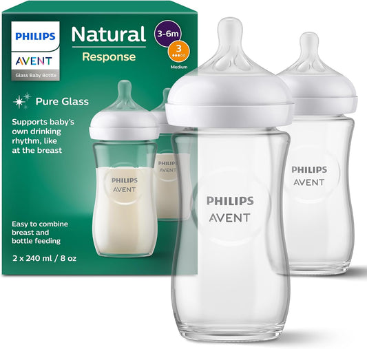 Philips Avent Lot de 2 biberons en verre à Réponse Naturelle – biberon de 240 ml, sans BPA pour les bébés de 1 mois et + (modèle SCY933/02)