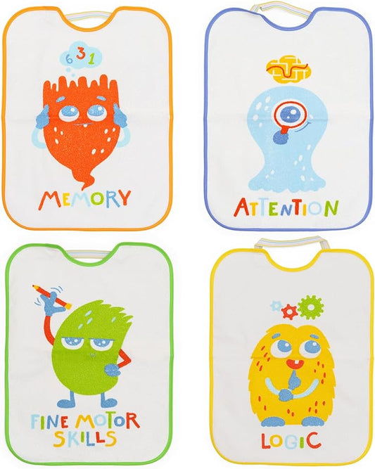 Ti TIN | Lot de 4 Bavoirs Imperméables Imprimés pour Bébés | Avec col en Caoutchouc Élastique | Avec Serviette en Éponge Doublée de Plastique