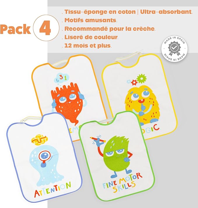 Ti TIN | Lot de 4 Bavoirs Imperméables Imprimés pour Bébés | Avec col en Caoutchouc Élastique | Avec Serviette en Éponge Doublée de Plastique