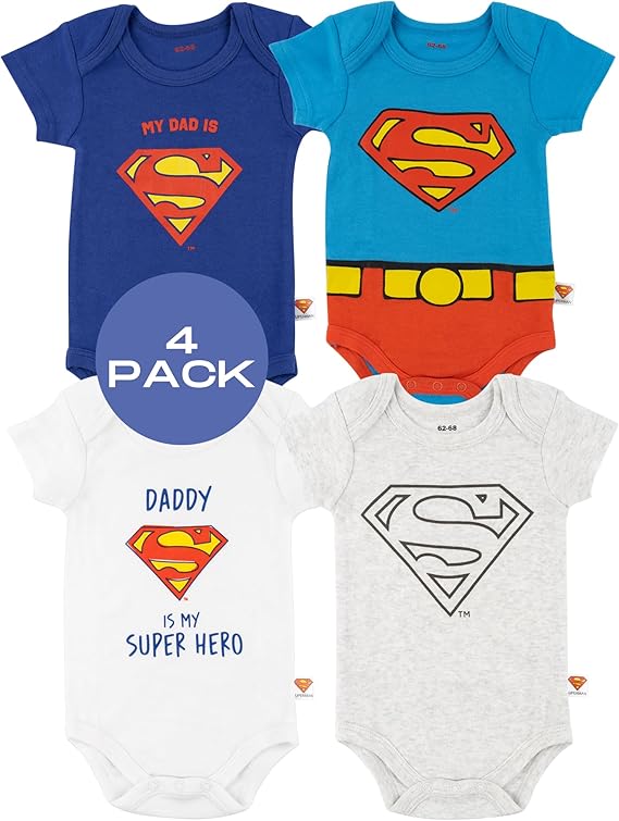DC Comics Superman Body Bebe Cadeau Naissance Garcon Bébé Fille Futur Papa 4 Pack 3 Tailles