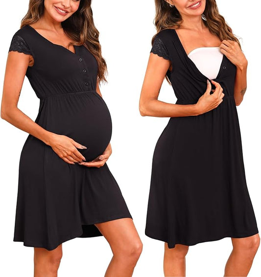 Nieery Chemise de Nuit de maternité Femme Enceintes avec boutonnière vêtements de Nuit en Dentelle pour la Grossesse Chemise de Nuit d'allaitement avec Boutons vêtements de Nuit d'allaitement