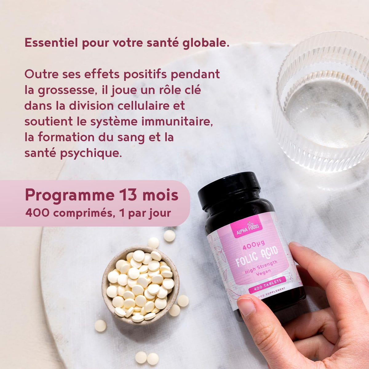 Alpha Foods, Acide folique 400 mcg | 400 comprimés de vitamine B9 végétalienne | Soins de grossesse | Réduit la Fatigue | Complément pour femme enceinte, soutient la croissance des tissus maternels |
