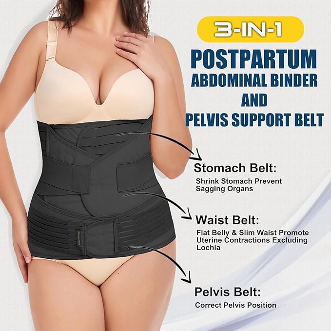 Chongerfei Ceinture ventrale 3 en 1 post-partum, Ceinture ventre/taille/bassin de récupération, noir, taille unique