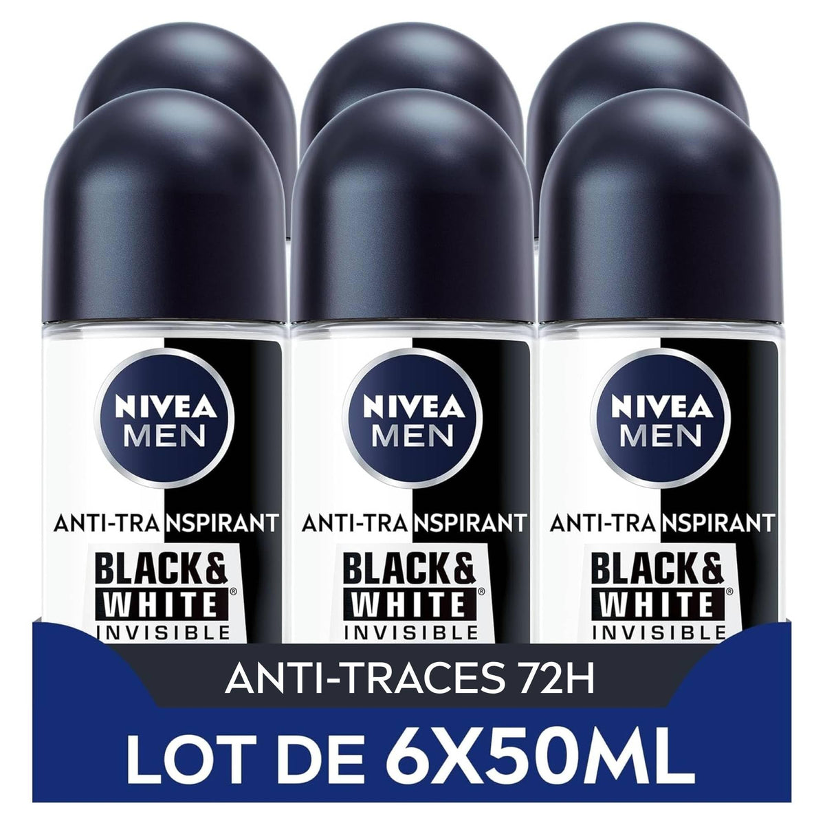 NIVEA MEN Déodorant Bille Black & White Invisible (6 x 50ml), déodorant homme anti-traces blanches et jaunes, anti-transpirant anti odeur & humidité, protection efficace 72 h, sans alcool