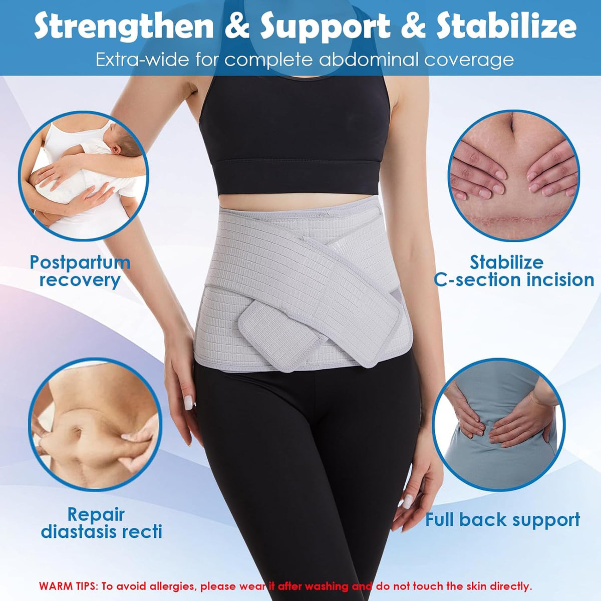 Paskyee Ceinture abdominale post-partum, ceinture abdominale post-chirurgie, ceinture pour soins postnatals, ceinture de taille/pelvis pour soulager les douleurs dorsales.