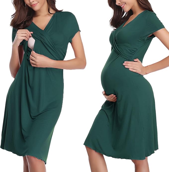 Irdcomps hemise de Nuit Maternité Femme Coton Robe Patineuse Maternité d'allaitement Robes Vêtements Grossesse Allaitement Pyjama à Manches Courtes