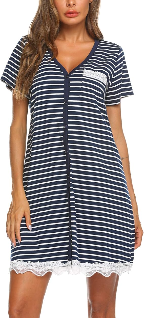 Ekouaer Chemise de Nuit Femme Manches Courtes Maternité Robe de Nuit Grossesse Bouton Sexy Vêtements de Nuit