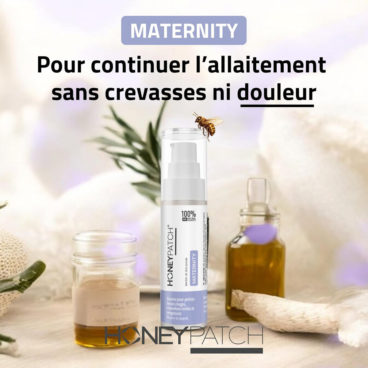 HONEY PATCH Baume allaitement comestible pour maman et bébé - Crevasses, mamelons irrités et vergetures - Cire d'abeille médicale et huile d'olive bio - Stérilisé et comestible - 30ml