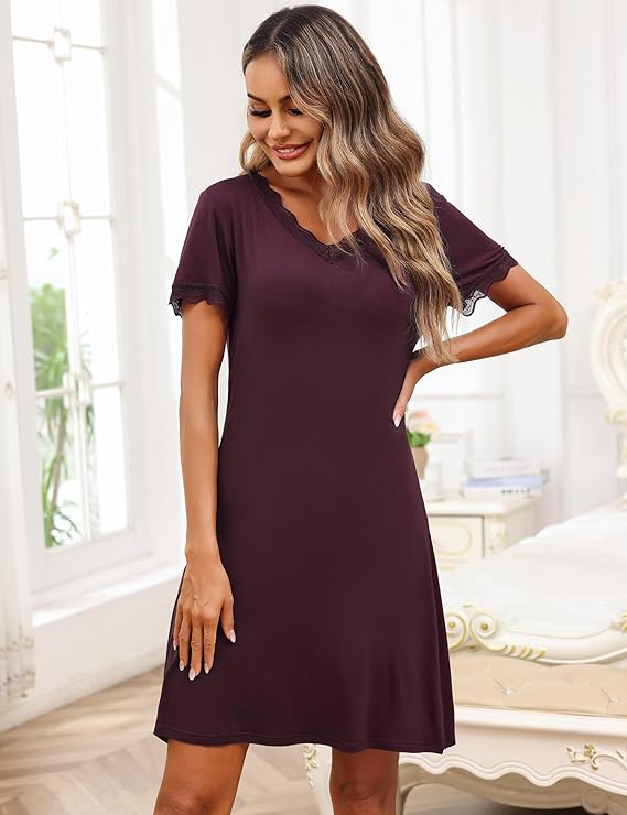 Demegimi Chemises de Nuit Femme Nuisette Manches Courtes en Dentelle avec Col en V Vêtement Maternité Robe de Nuit
