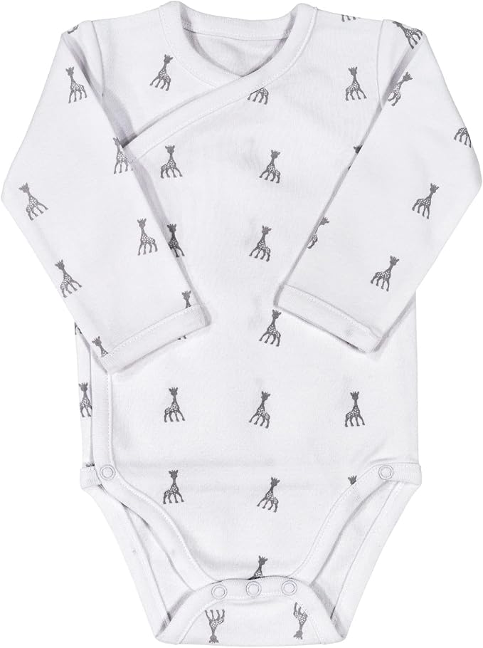 SOPHIE LA GIRAFE - Pyjama Body Bébé en Coton - Doux et Chaud - Grenouillère Manches Longues - Barboteuse Moixte, Garçon, Fille - 1 mois - Blanc & Gris - Motif Girafe