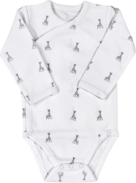 SOPHIE LA GIRAFE - Pyjama Body Bébé en Coton - Doux et Chaud - Grenouillère Manches Longues - Barboteuse Moixte, Garçon, Fille - 1 mois - Blanc & Gris - Motif Girafe