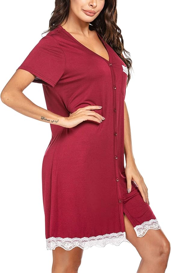 Ekouaer Chemise de Nuit Femme Manches Courtes Maternité Robe de Nuit Grossesse Bouton Sexy Vêtements de Nuit
