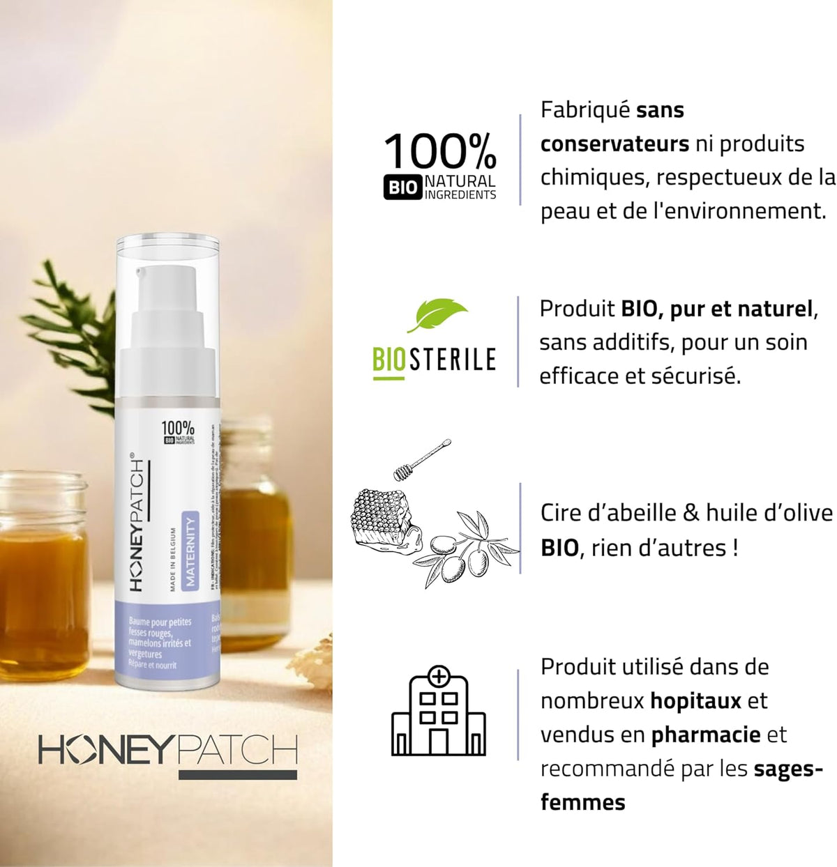 HONEY PATCH Baume allaitement comestible pour maman et bébé - Crevasses, mamelons irrités et vergetures - Cire d'abeille médicale et huile d'olive bio - Stérilisé et comestible - 30ml