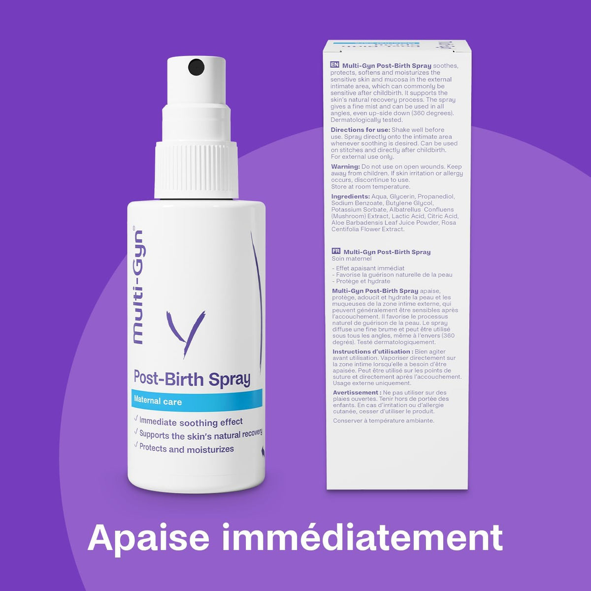 Multi Gyn Spray Apaisant Post Accouchement - Spray Rafraîchissant Soulagement de la Douleur Post Partum pour l'inconfort Périnéal - Apaisante Instantanée avec Aloe Vera pour Soins Post-Partum - 75ml
