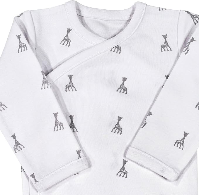 SOPHIE LA GIRAFE - Pyjama Body Bébé en Coton - Doux et Chaud - Grenouillère Manches Longues - Barboteuse Moixte, Garçon, Fille - 1 mois - Blanc & Gris - Motif Girafe