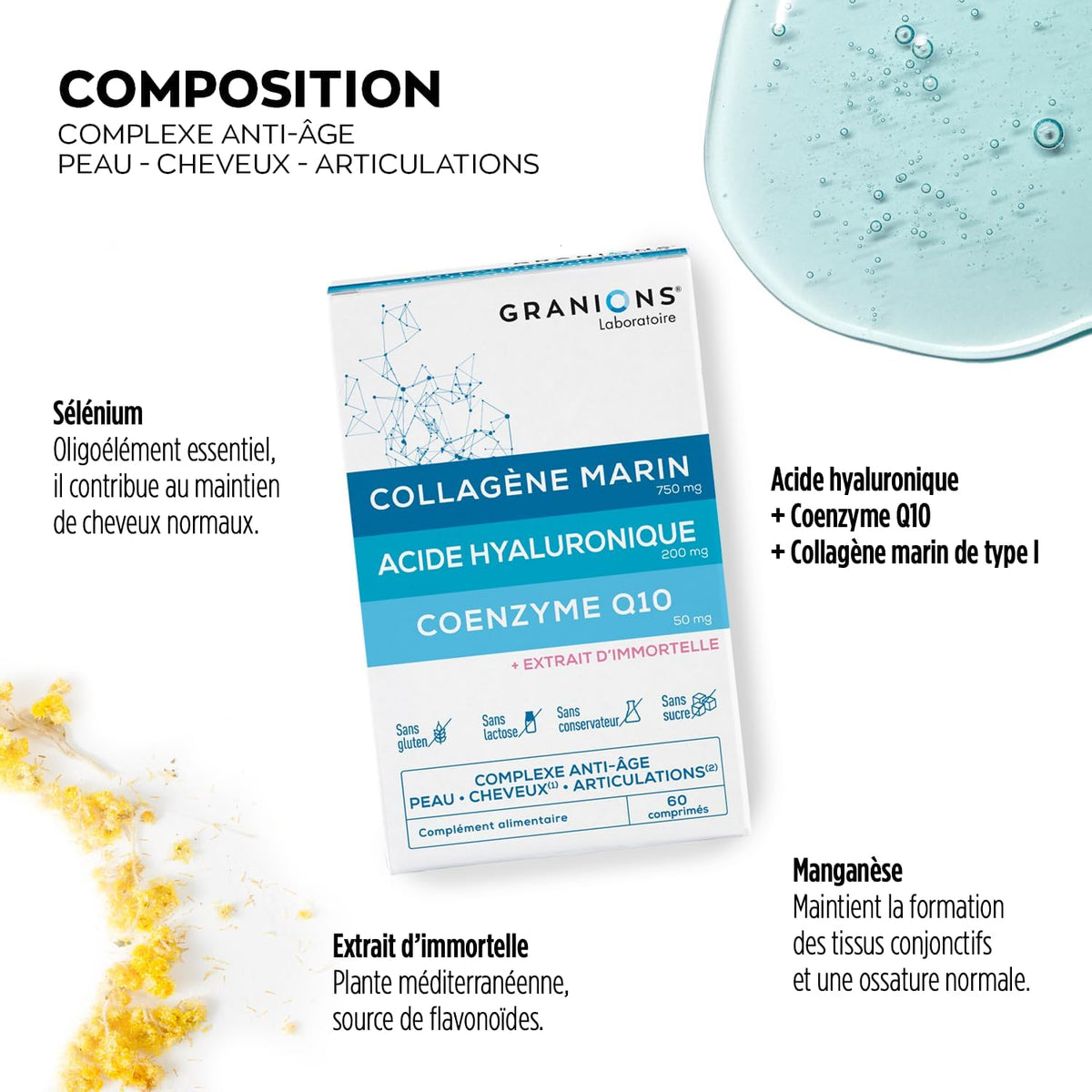 GRANIONS - Collagene Marin - Collagene et Acide Hyaluronique + Coenzyme Q10 - Collagene pour Cheveux, Peau, Articulation, Ongles - Collagene Marin + Selenium + Acide Hyaluronique - 60 Comprimés