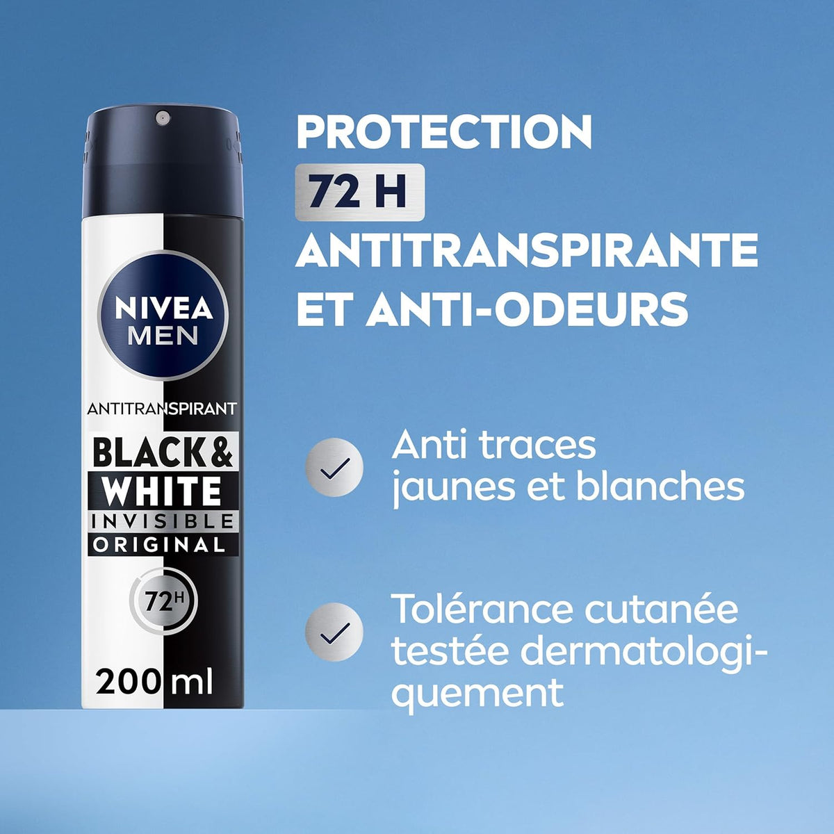 NIVEA MEN Déodorant Spray Black & White Invisible (1 x 200 ml), déodorant homme anti-traces blanches et jaunes, anti-transpirant anti odeur & humidité, protection efficace 72 h, sans alcool