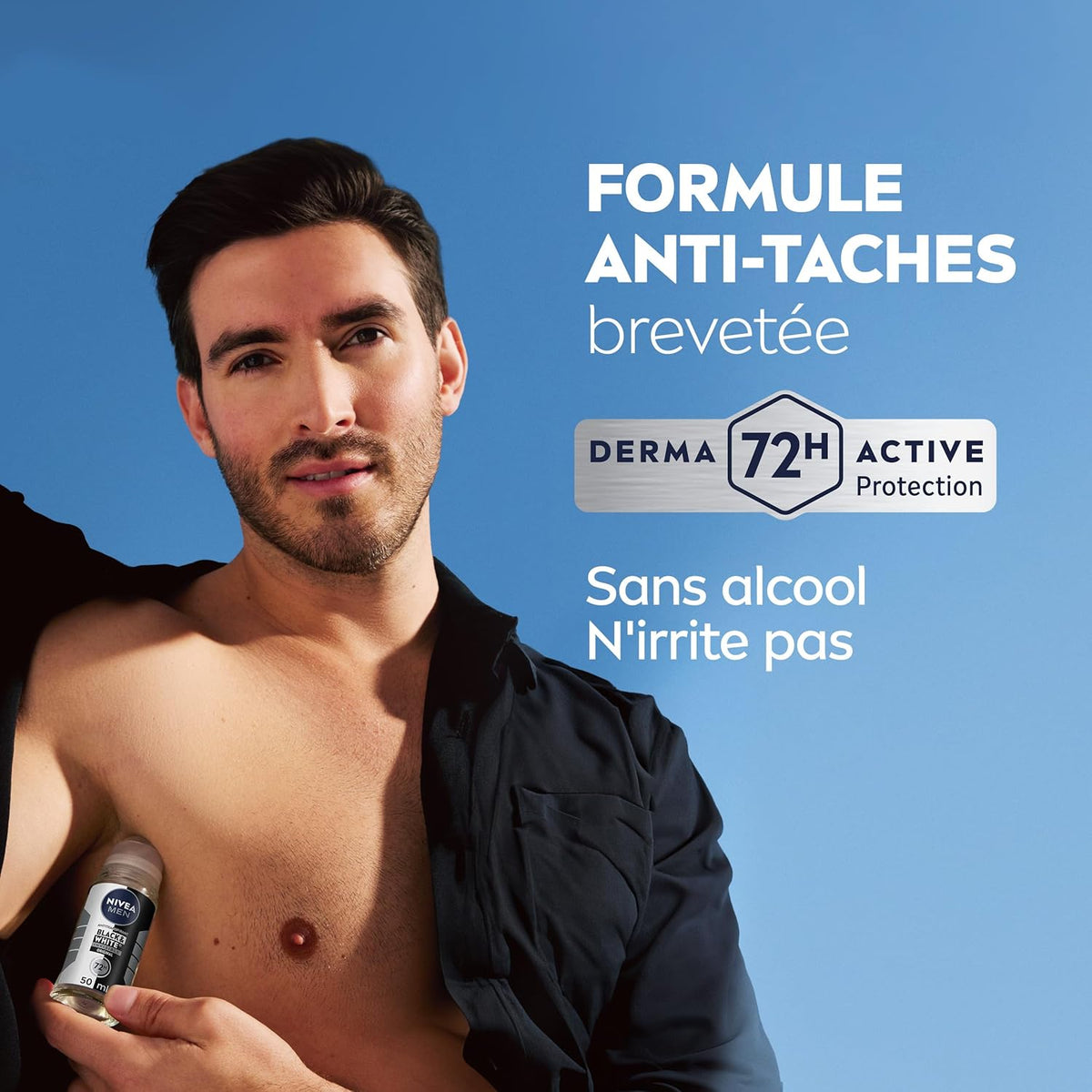 NIVEA MEN Déodorant Bille Black & White Invisible (1 x 200 ml), déodorant homme anti-traces blanches et jaunes, anti-transpirant anti odeur & humidité, protection efficace 72 h, sans alcool