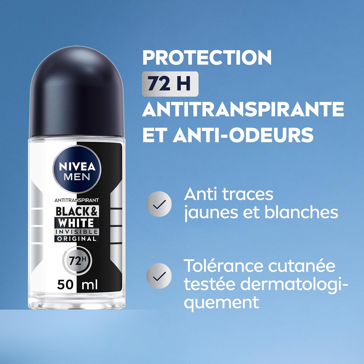 NIVEA MEN Déodorant Bille Black & White Invisible (1 x 200 ml), déodorant homme anti-traces blanches et jaunes, anti-transpirant anti odeur & humidité, protection efficace 72 h, sans alcool