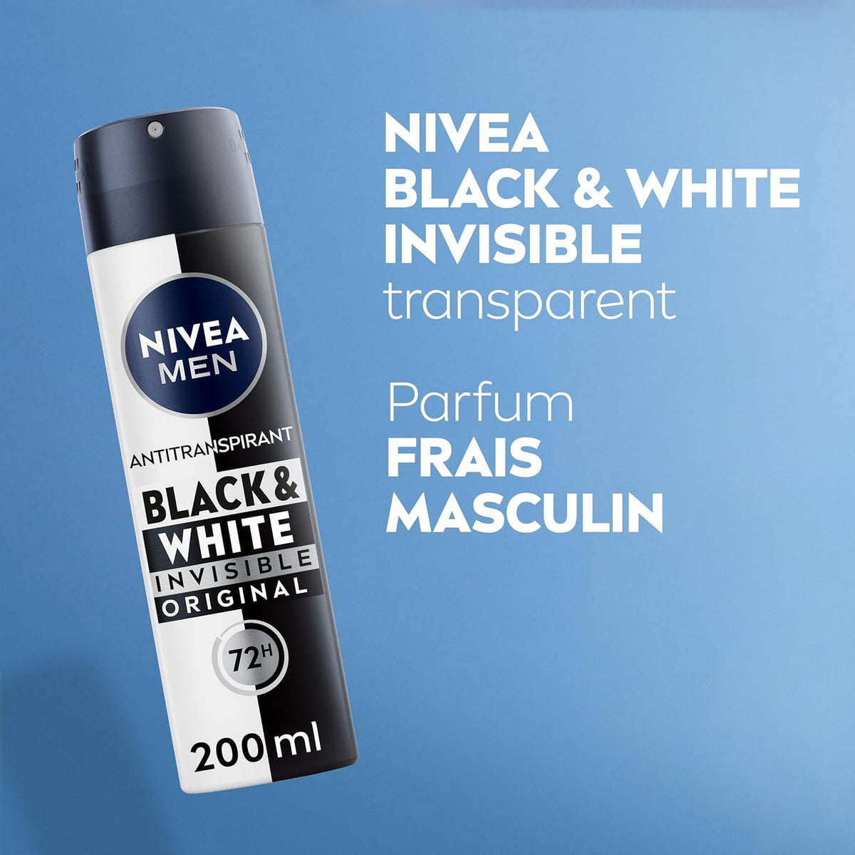 NIVEA MEN Déodorant Spray Black & White Invisible (1 x 200 ml), déodorant homme anti-traces blanches et jaunes, anti-transpirant anti odeur & humidité, protection efficace 72 h, sans alcool