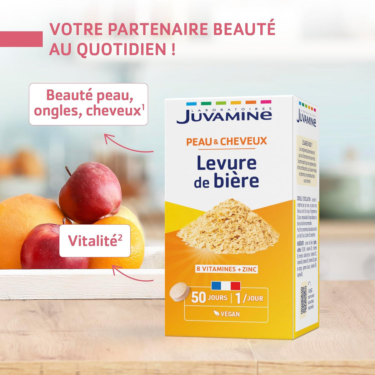 JUVAMINE Levure de Bière, Beauté de la peau, des cheveux et des ongles, Vitalité, Vitamines B1, B2, B3, B5, B6, B8, B9 et B12 + Zinc, Programme de 50 jours, Fabriqué en France
