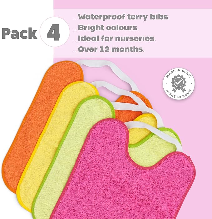 Ti TIN | Lot de 4 Bavoirs Imperméables Imprimés pour Bébés | Avec col en Caoutchouc Élastique | Avec Serviette en Éponge Doublée de Plastique