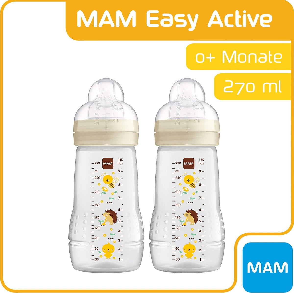 MAM Easy Active, lot de 2 biberons, 270 ml, avec tétine MAM taille 1, en silicone SkinSoft, biberons avec forme ergonomique, pour bébé de 0 mois et plus, abeille/hérisson