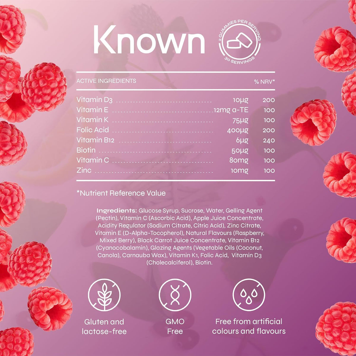Gummies Known Soutien Grossesse – Multivitamines – 400µg Acide Folique – Pour la Santé Maternelle – Saveur Framboise – 60 Gummies Vegan, 1 Mois