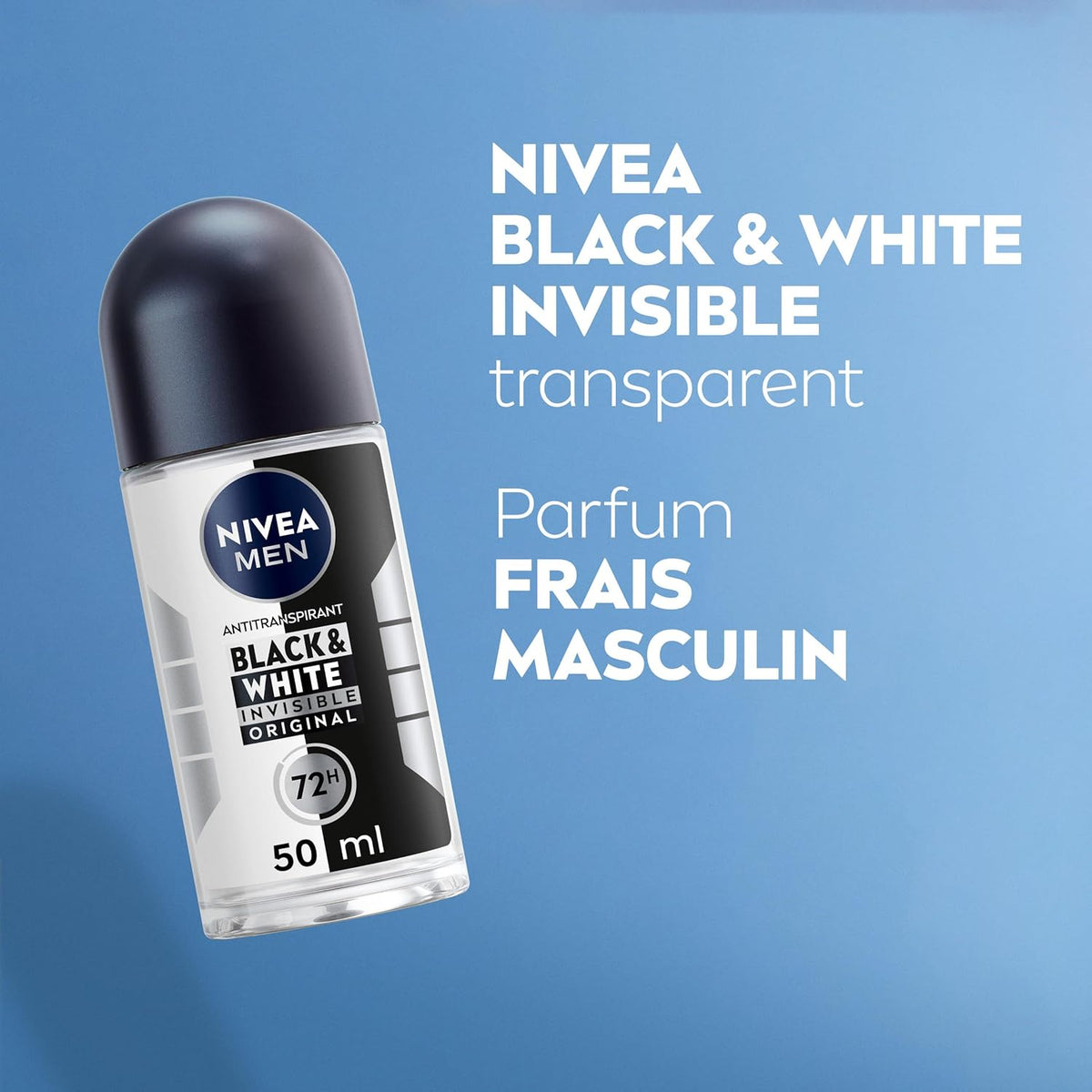NIVEA MEN Déodorant Bille Black & White Invisible (1 x 200 ml), déodorant homme anti-traces blanches et jaunes, anti-transpirant anti odeur & humidité, protection efficace 72 h, sans alcool