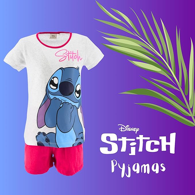Disney Stitch Pyjamas pour Filles, Ensemble T-Shirt et Short Stitch Design 2 Pièces pour Filles, Cadeau pour Filles, Tailles 6