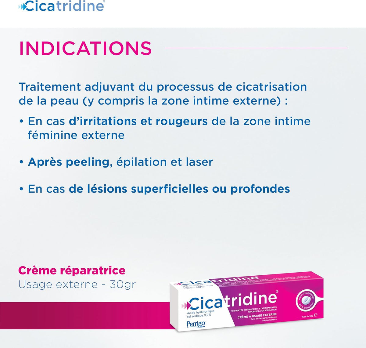 Cicatridine - Crème à l’Acide Hyaluronique - Favorise la cicatrisation - Usage externe, y compris la zone intime - Répare et Hydrate - sans parfum et sans parabènes - Tube 30g