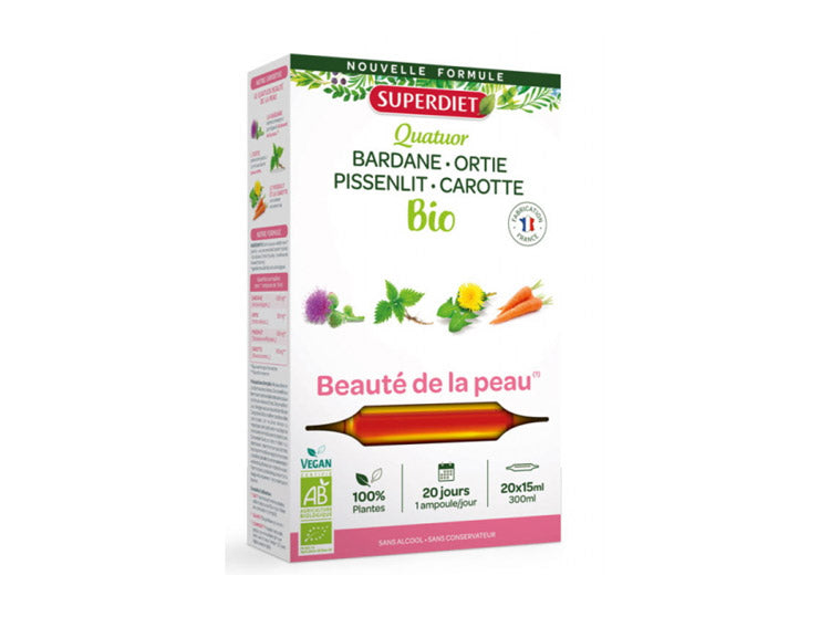 Superdiet Quatuor Bardane Beauté de la Peau Bio Bardane Pissenlit Carotte Pensée Sauvage - 20 Ampoules de 15 ml