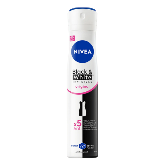 NIVEA Déodorant Spray Black & White Invisible (1 x 250 ml), déodorant femme anti-traces blanches et jaunes, anti-transpirant anti odeur & humidité, protection efficace 72 h, sans alcool