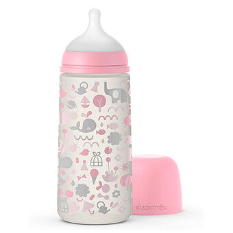 Suavinex, Biberon 360 ml. Biberon avec Tétine Symétrique SX Pro en Silicone à Débit Rapide (L). Avec Valve Anti-Colique. Silicone Fin Ultra-Doux. Pour Bébés, +6 Mois. Dreams Rose