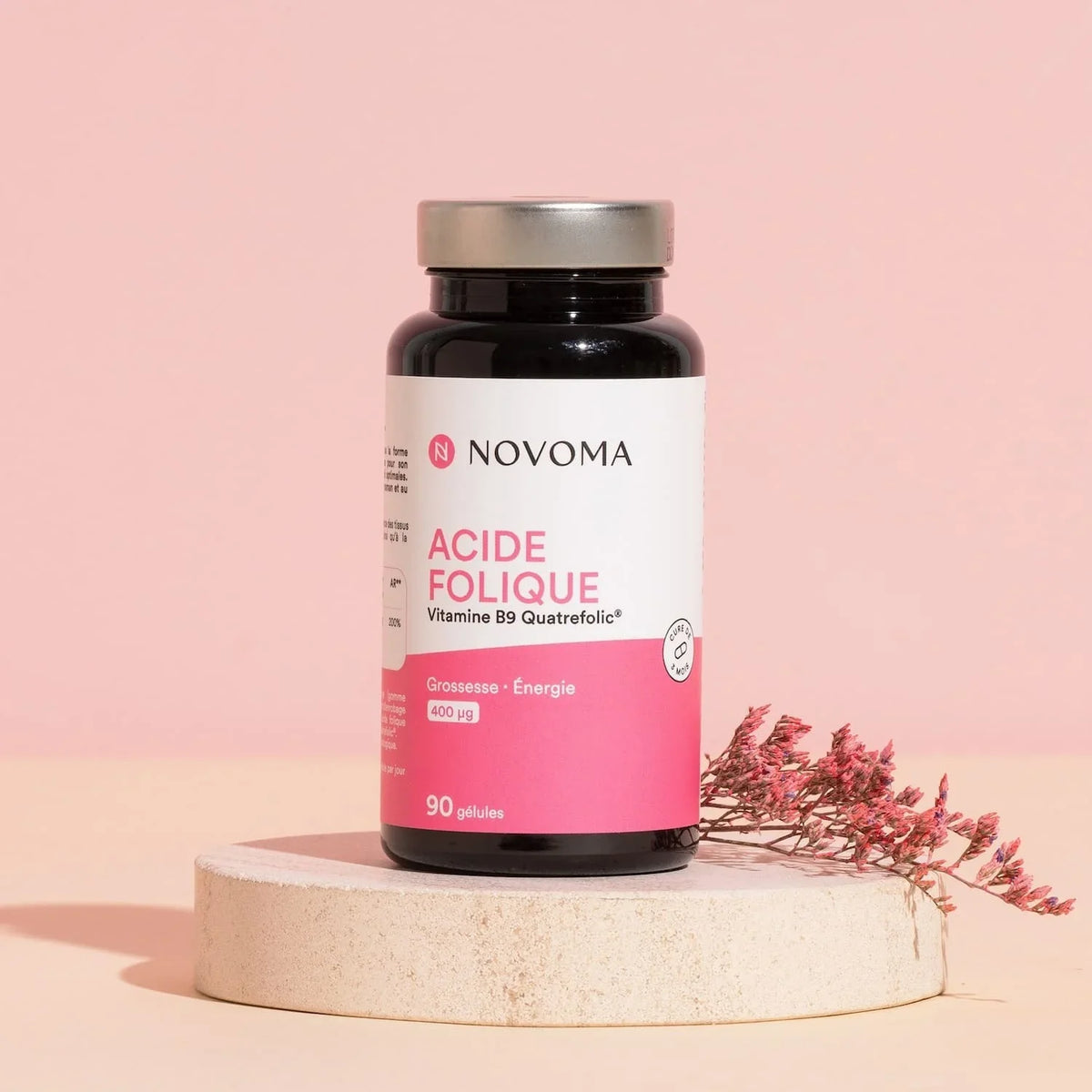 NOVOMA Acide Folique 400 µg, Vitamine B9 Quatrefolic®, Conception & Début de Grossesse, Complément Alimentaire Femme Enceinte, Cure de 3 mois, 90 Gélules, Fabriqué en France