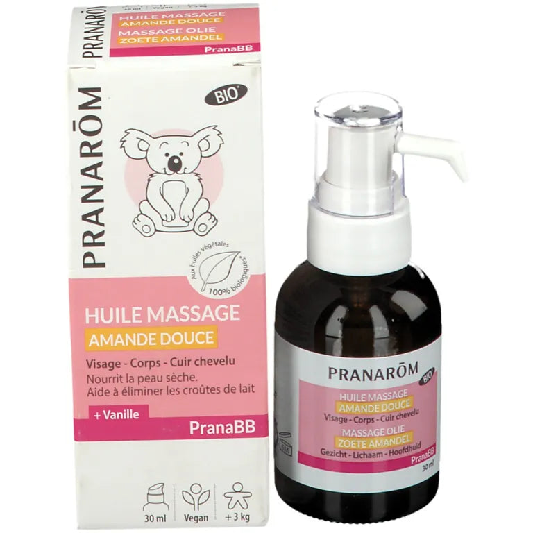 Pranarôm Pranabb Pranabb Huile de Massage Peau Sèche Amande Douce et Extrait de Vanille Visage Corps Cuir Chevelu Bio 30 ml