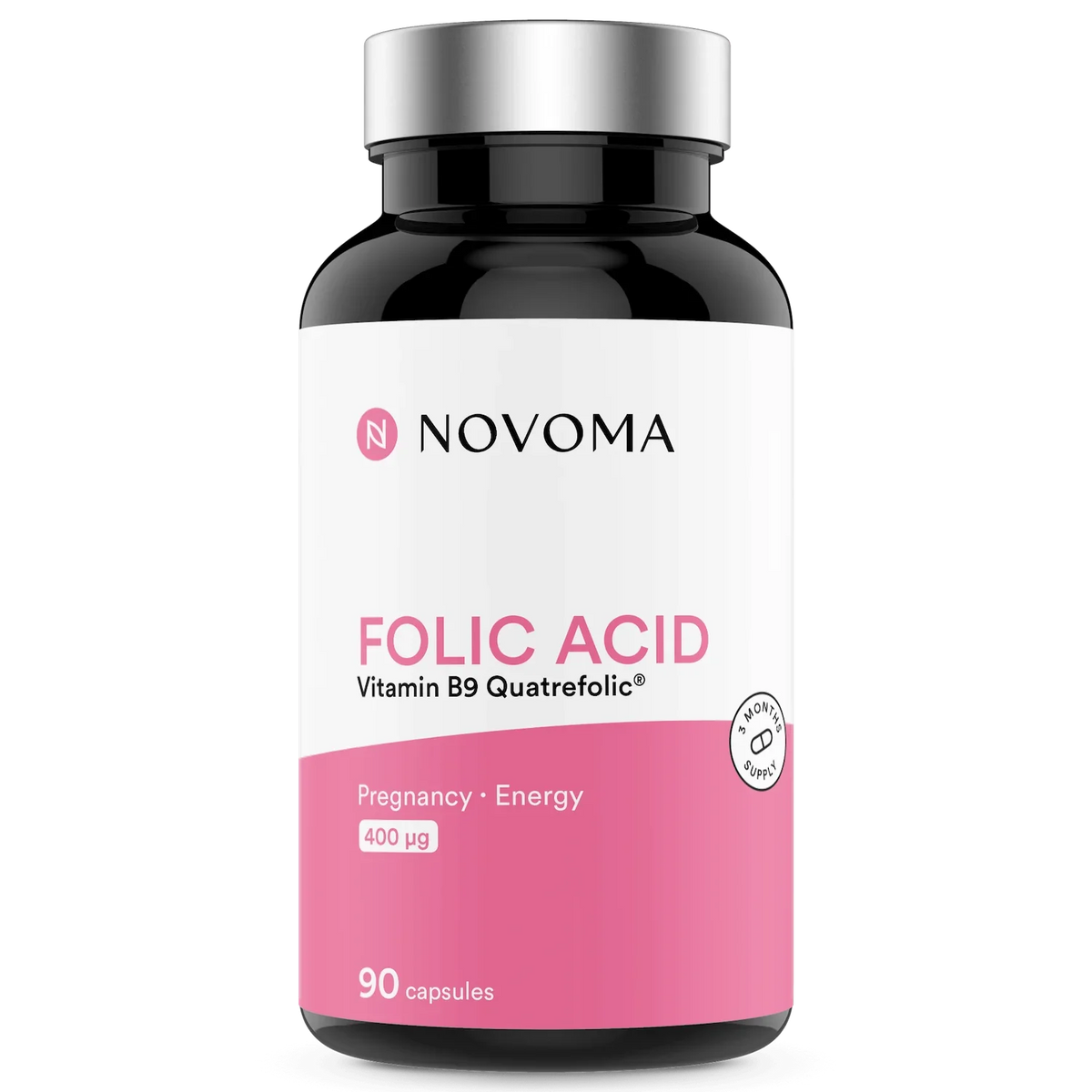NOVOMA Acide Folique 400 µg, Vitamine B9 Quatrefolic®, Conception & Début de Grossesse, Complément Alimentaire Femme Enceinte, Cure de 3 mois, 90 Gélules, Fabriqué en France