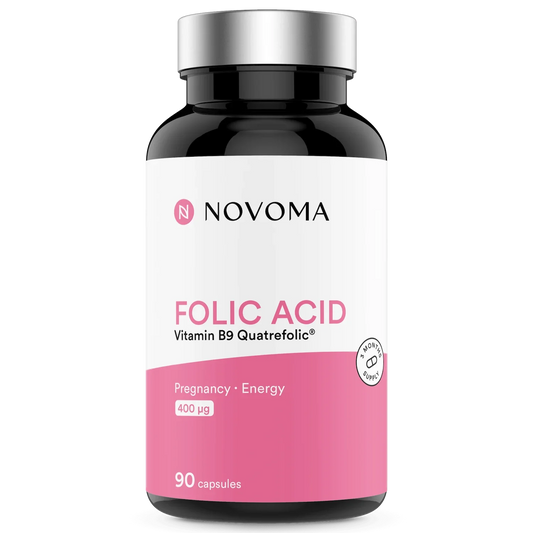 NOVOMA Acide Folique 400 µg, Vitamine B9 Quatrefolic®, Conception & Début de Grossesse, Complément Alimentaire Femme Enceinte, Cure de 3 mois, 90 Gélules, Fabriqué en France