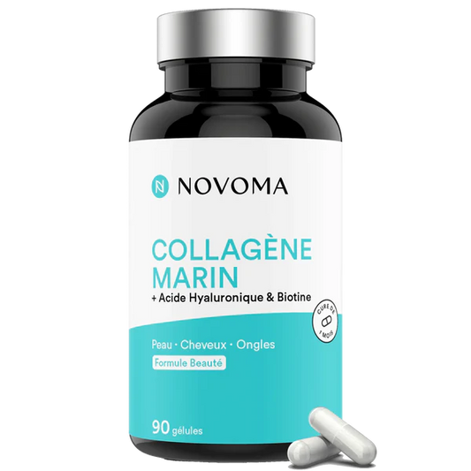 NOVOMA Collagène Marin + Acide Hyaluronique, 1000 mg de Collagene Pur Hydrolysé Type 1 & 3, Avec Vitamine C, Zinc et Biotine, Beauté de la Peau, Cheveux et Ongles, 90 gélules
