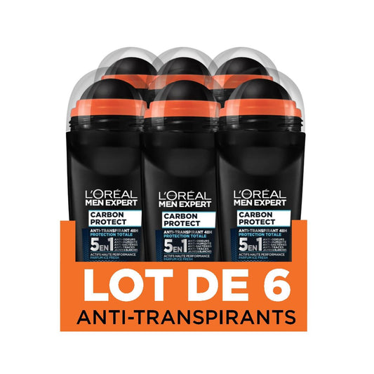 L'Oréal Paris Men Expert - Carbon Protect Ice Fresh - Déodorant Bille Spray Homme Anti-Traces - 50 ml - Lot de 6