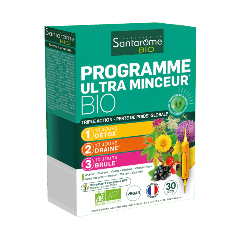 Santarome Programme Ultra Minceur Triple Action Perte de Poids Globale Bio 30 Ampoules