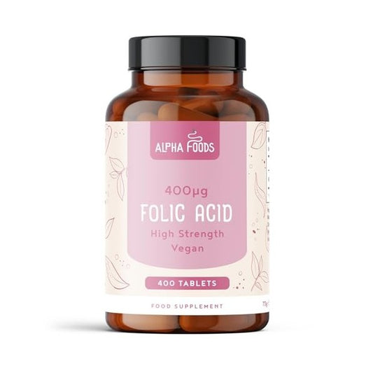 Alpha Foods, Acide folique 400 mcg | 400 comprimés de vitamine B9 végétalienne | Soins de grossesse | Réduit la Fatigue | Complément pour femme enceinte, soutient la croissance des tissus maternels |